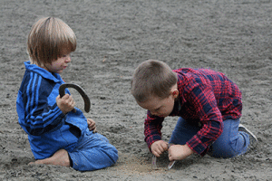Best buddies digging with their horseshoes